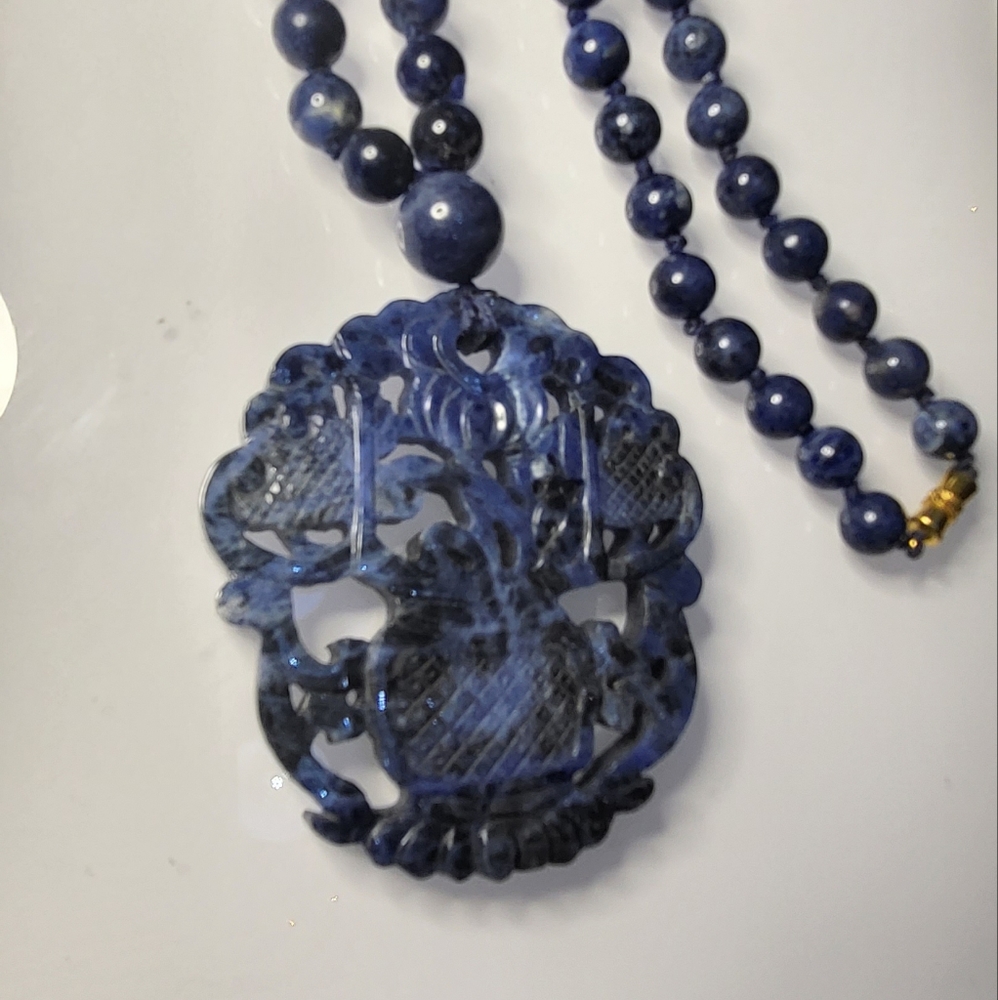 Lapis Lazuli Vintage Double-Sided Carved Pendant Medallion Beaded Statement Neck